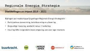 Regionale Energie Strategie Doelstellingen en Impact 2019 2021