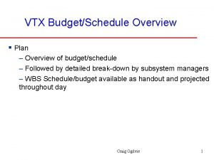 VTX BudgetSchedule Overview Plan Overview of budgetschedule Followed