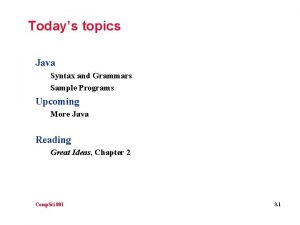 Todays topics Java Syntax and Grammars Sample Programs