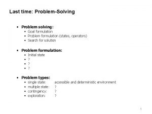 Last time ProblemSolving Problem solving Goal formulation Problem