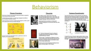 Behaviorism Theory Overview Behaviorism focuses on the observable