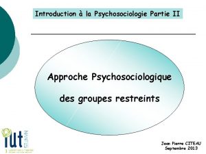 Introduction la Psychosociologie Partie II Approche Psychosociologique des