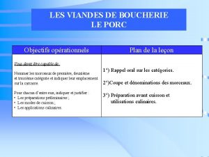 LES VIANDES DE BOUCHERIE LE PORC Objectifs oprationnels