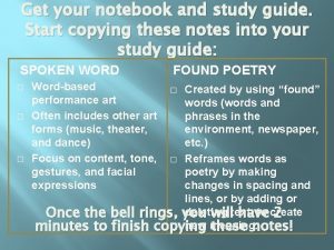Get your notebook and study guide Start copying