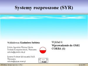 Systemy rozproszone SYR Wykadowca Kazimierz Subieta PolskoJaposka Wysza