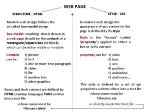 WEB PAGE STRUCTURE HTML Modern web design follows