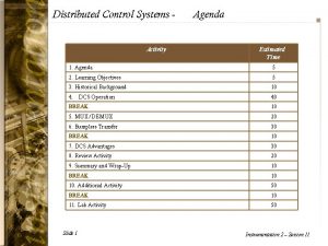 Distributed Control Systems Activity Agenda Estimated Time 1