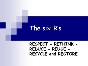 The six Rs RESPECT RETHINK REDUCE REUSE RECYCLE