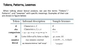 Tokens Patterns Lexemes When talking about lexical analysis