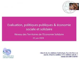 Evaluation politiques publiques conomie sociale et solidaire Rseau