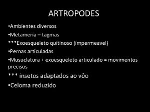 ARTROPODES Ambientes diversos Metameria tagmas Exoesqueleto quitinoso impermeavel