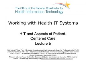 Working with Health IT Systems HIT and Aspects