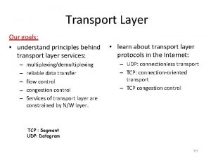 Transport Layer Our goals understand principles behind transport