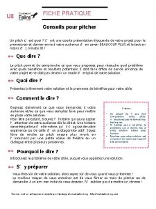 FICHE PRATIQUE U 8 Conseils pour pitcher Un