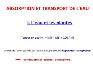 ABSORPTION ET TRANSPORT DE LEAU I Leau et