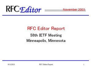 November 2003 RFC Editor Report 58 th IETF