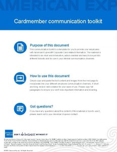 Cardmember communication toolkit Purpose of this document This