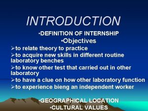 INTRODUCTION DEFINITION OF INTERNSHIP Objectives to relate theory