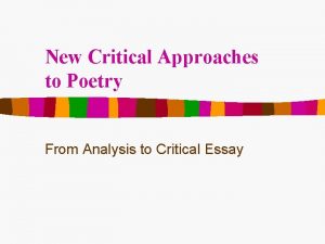 New Critical Approaches to Poetry From Analysis to