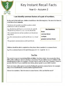 Key Instant Recall Facts Year 6 Autumn 2