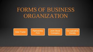 FORMS OF BUSINESS ORGANIZATION Sole Trader Partnership Firm