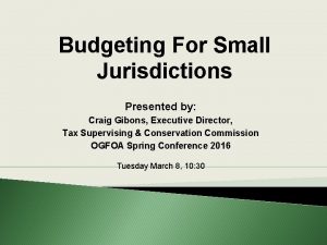 Budgeting For Small Jurisdictions Presented by Craig Gibons