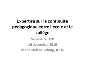 Expertise sur la continuit pdagogique entre lcole et