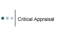 Critical Appraisal Acknowledgement Acknowledgment to Dr Sharmini Selvarajah