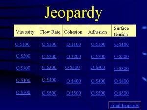 Jeopardy Viscosity Flow Rate Cohesion Adhesion Surface tension