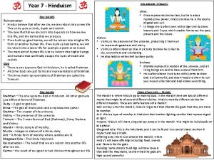 Year 7 Hinduism Key beliefs Reincarnation Hindus believe