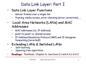 Data Link Layer Part I Data Link Layer