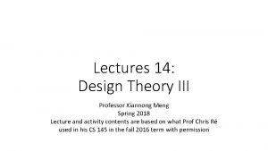 Lectures 14 Design Theory III Professor Xiannong Meng