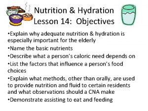 Nutrition Hydration Lesson 14 Objectives Explain why adequate