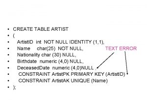 CREATE TABLE ARTIST Artist ID int NOT NULL