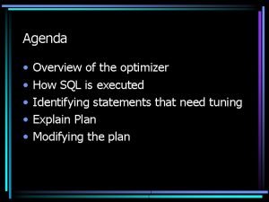 Agenda Overview of the optimizer How SQL is