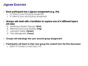 Jigsaw Exercise Each participant has a jigsaw assignment