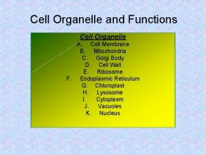 Cell Organelle and Functions Cell Organelle A Cell