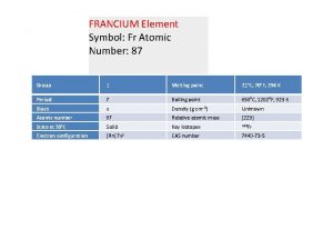 FRANCIUM Element Symbol Fr Atomic Number 87 Group