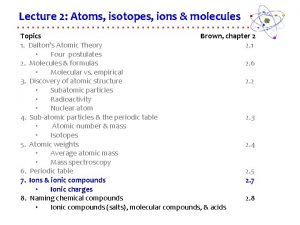 Lecture 2 Atoms isotopes ions molecules Topics Brown