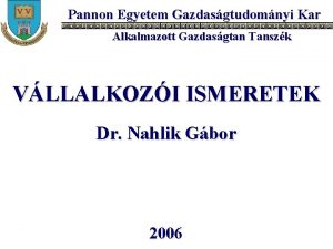 Pannon Egyetem Gazdasgtudomnyi Kar Alkalmazott Gazdasgtan Tanszk VLLALKOZI