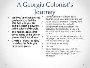 A Georgia Colonists Journey Well youve made the