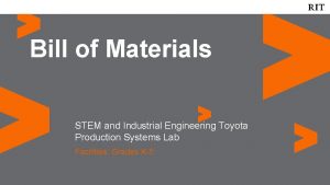 Bill of Materials STEM and Industrial Engineering Toyota