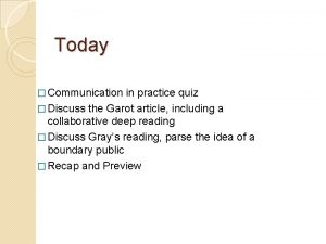 Today Communication in practice quiz Discuss the Garot