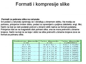 Formati i kompresije slike Formati za pohranu slika