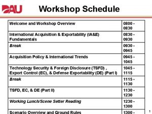 Workshop Schedule Welcome and Workshop Overview 0800 0830