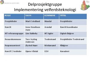 Delprosjektgruppe Implementering velferdsteknologi ROLLE NAVN KOMMUNE TITTEL Prosjektleder