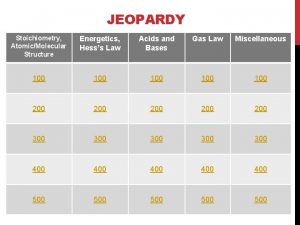 JEOPARDY Stoichiometry AtomicMolecular Structure Energetics Hesss Law Acids