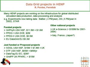 Data Grid projects in HENP R Pordes Fermilab