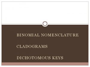 BINOMIAL NOMENCLATURE CLADOGRAMS DICHOTOMOUS KEYS Why Binomial Nomenclature