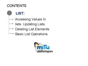 CONTENTS LIST Accessing Values In lists Updating Lists